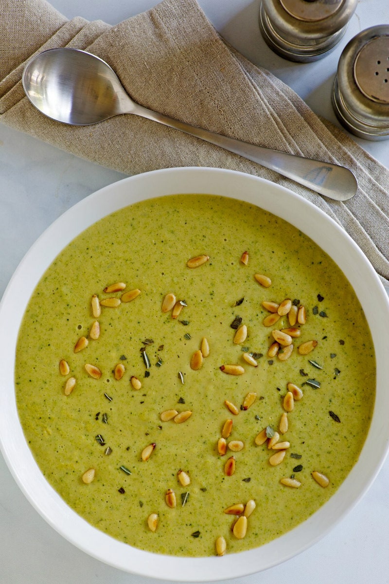 Creamy Broccoli Soup recipe from RecipeGirl.com #creamy #creamofbroccoli #broccoli #soup #recipe #weightwatchers #smartpoints #RecipeGirl Bowl of Creamy Broccoli Soup