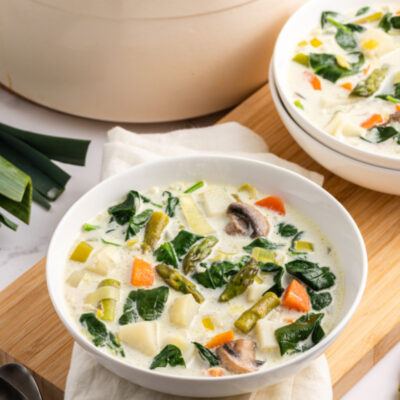 french spring soup in a white bowl