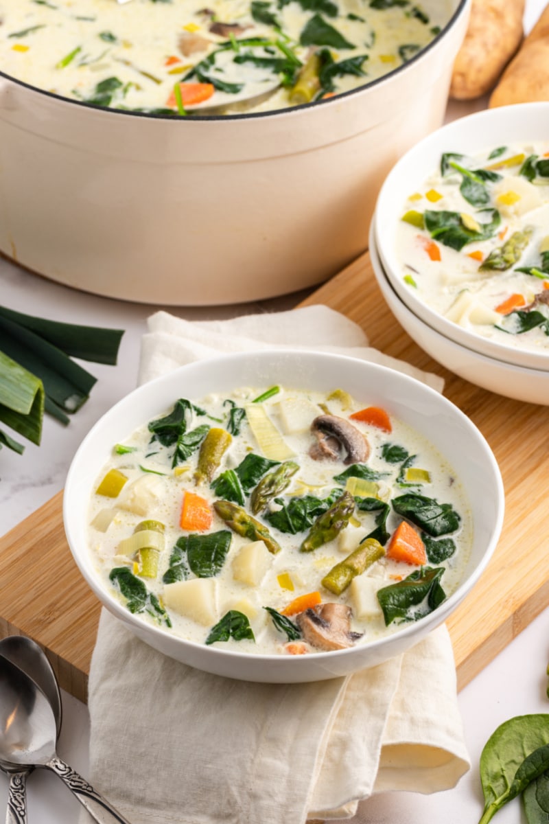 french spring soup in a white bowl