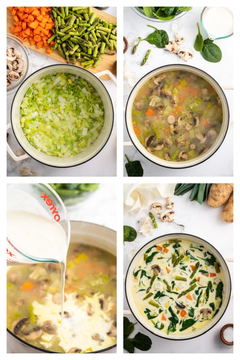 four photos showing how to make french spring soup