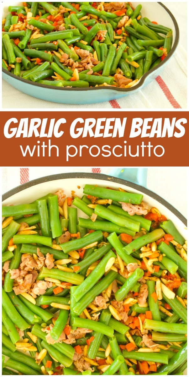 pinterest collage image for garlic green beans with prosciutto