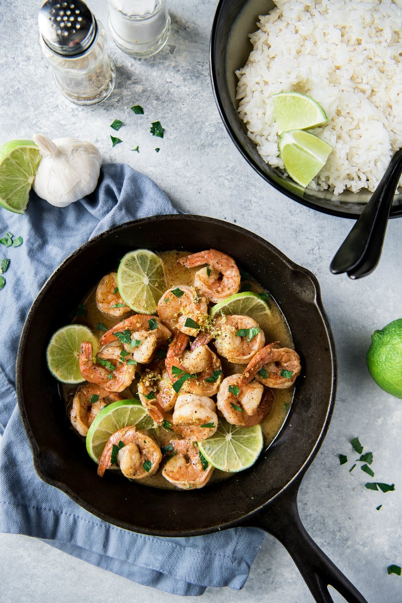 Garlic Lime Shrimp in cast iron skillet