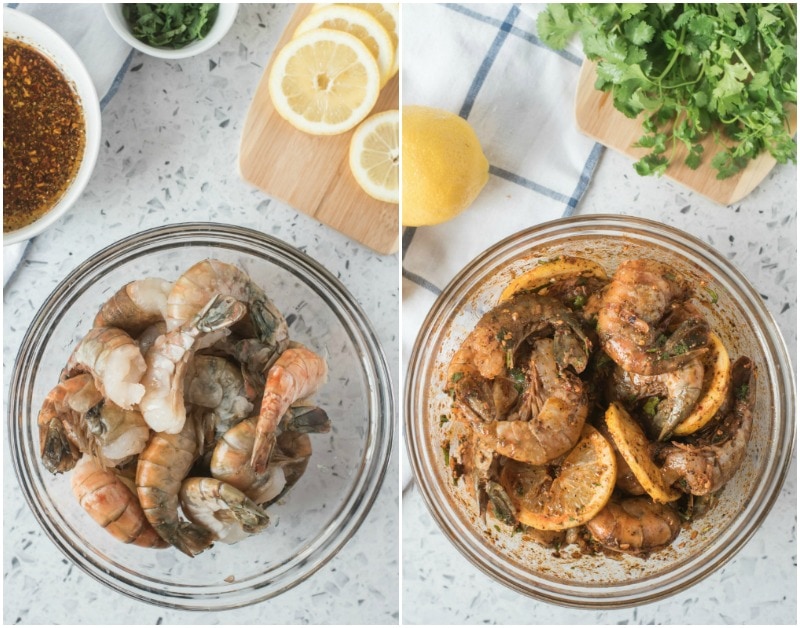 side by side photos showing before and after of jumbo shrimp raw in a bowl and then jumbo shrimp seasoned in a bowl. chipotle butter, lemons and fresh cilantro in the background.