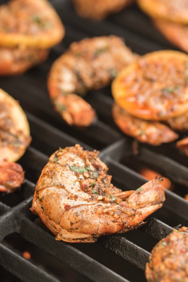 jumbo shrimp grilling on a barbecue