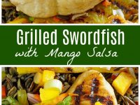 pinterest collage image for grilled swordfish with mango salsa