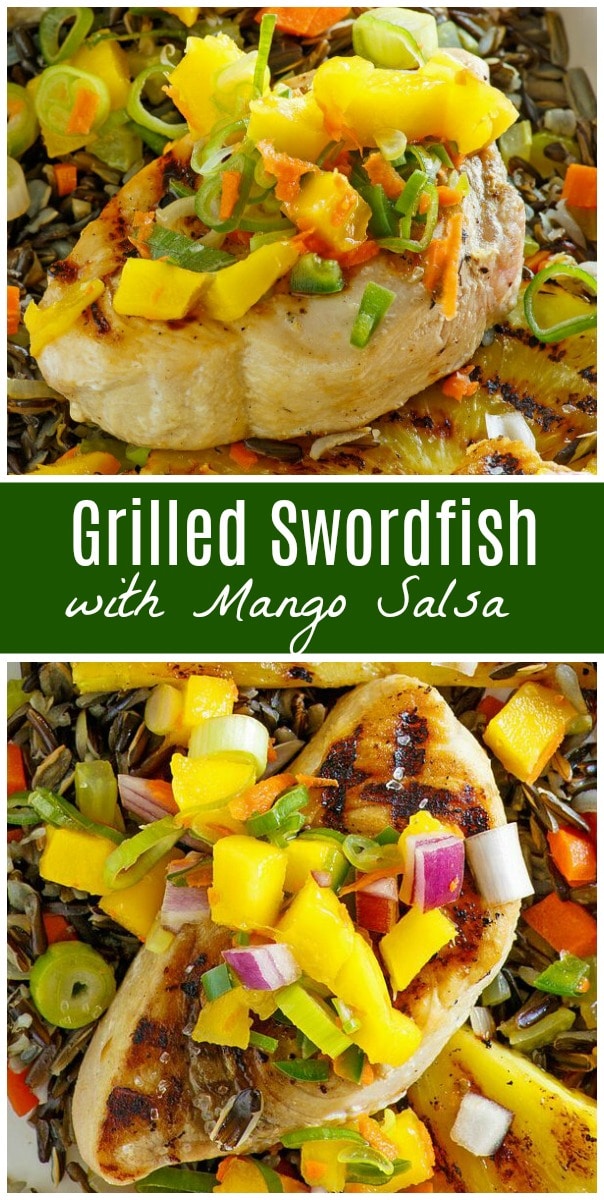 pinterest collage image for grilled swordfish with mango salsa