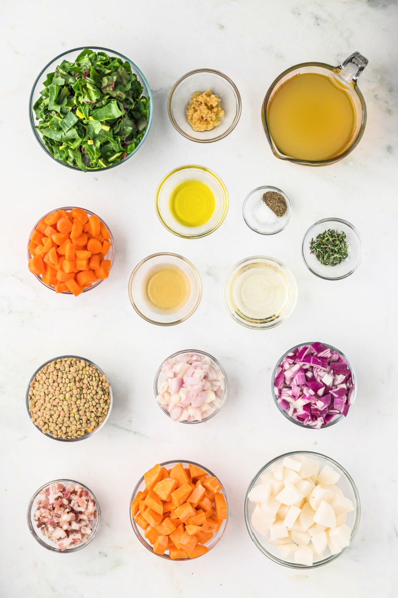 ingredients displayed for making lentil soup with balsamic roasted vegetables