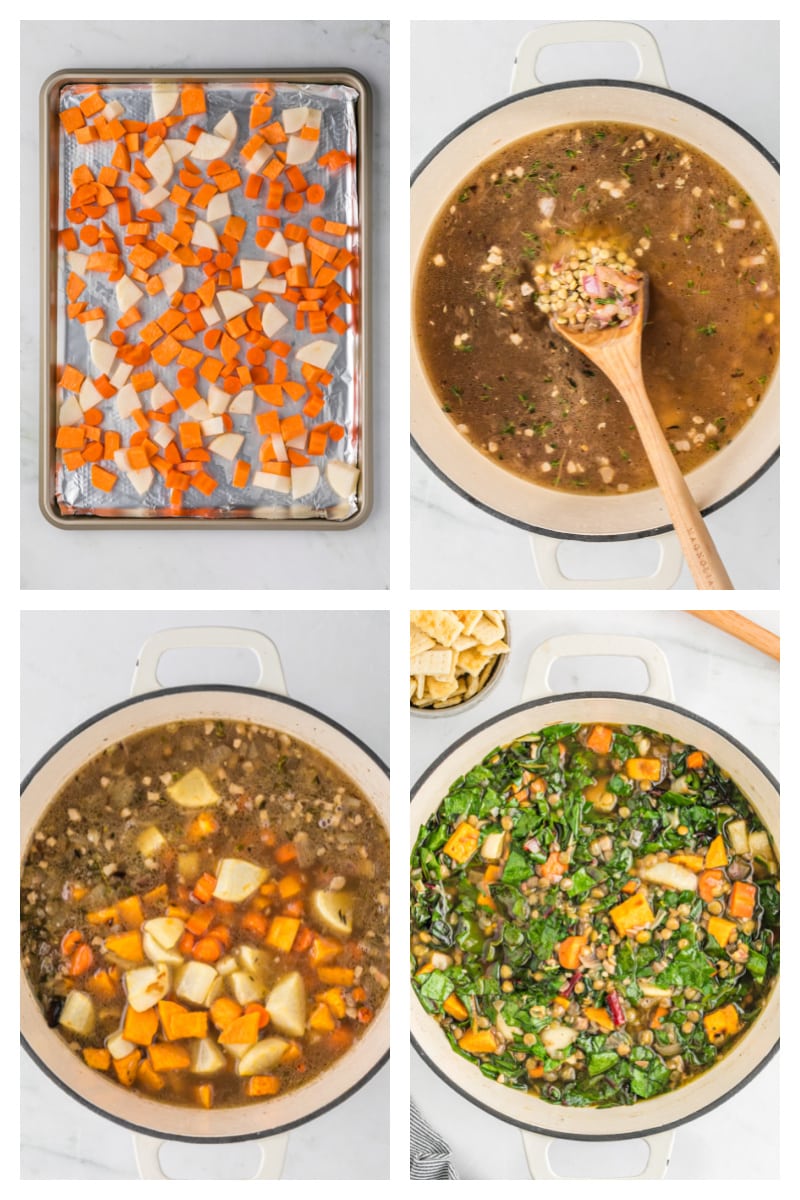 four photos showing how to make lentil soup with vegetables