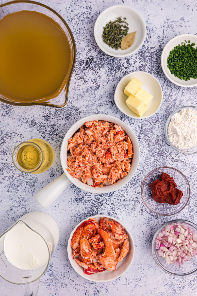 ingredients displayed for making lobster bisque