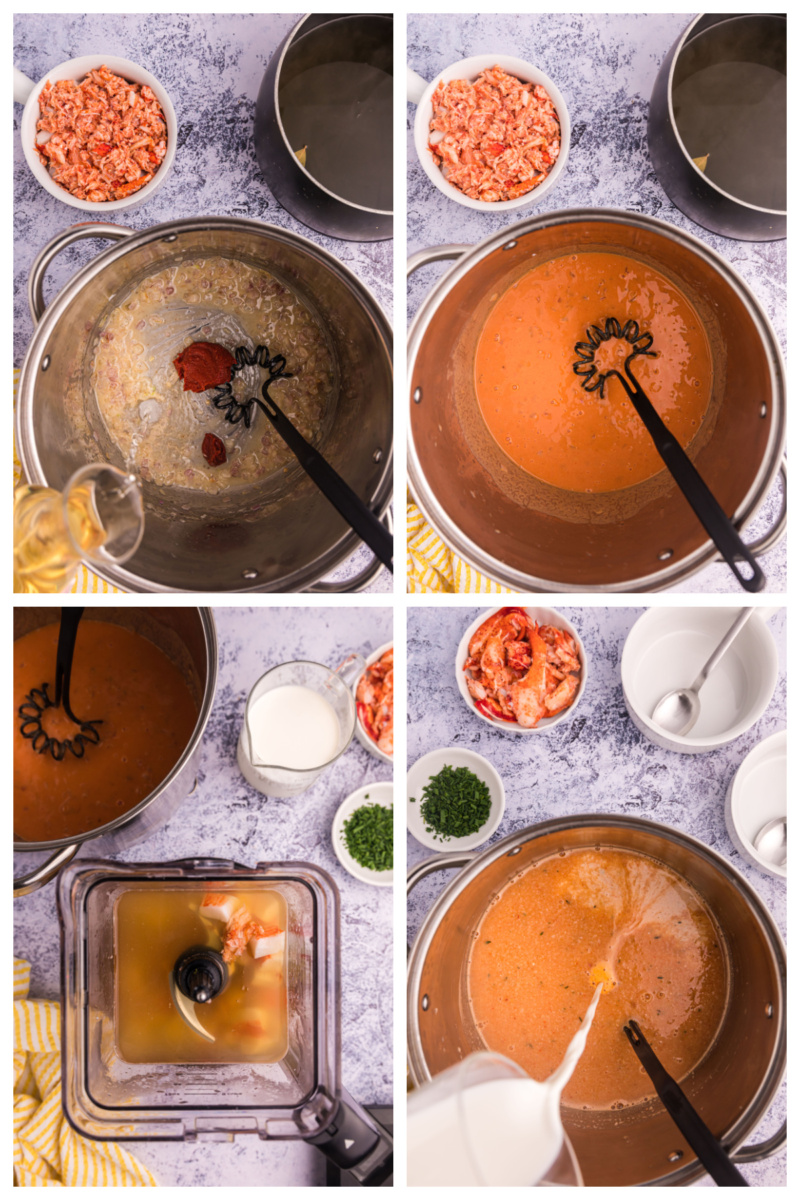 four photos showing how to make lobster bisque