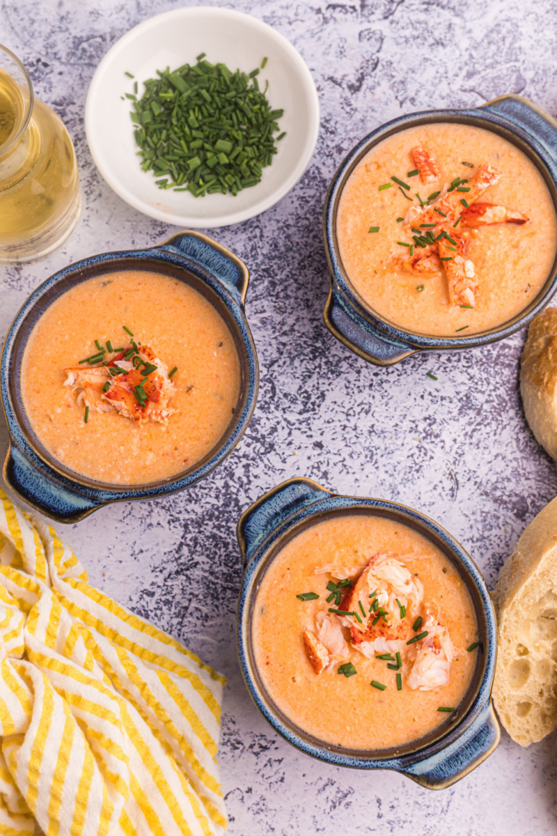 three bowls of lobster bisque