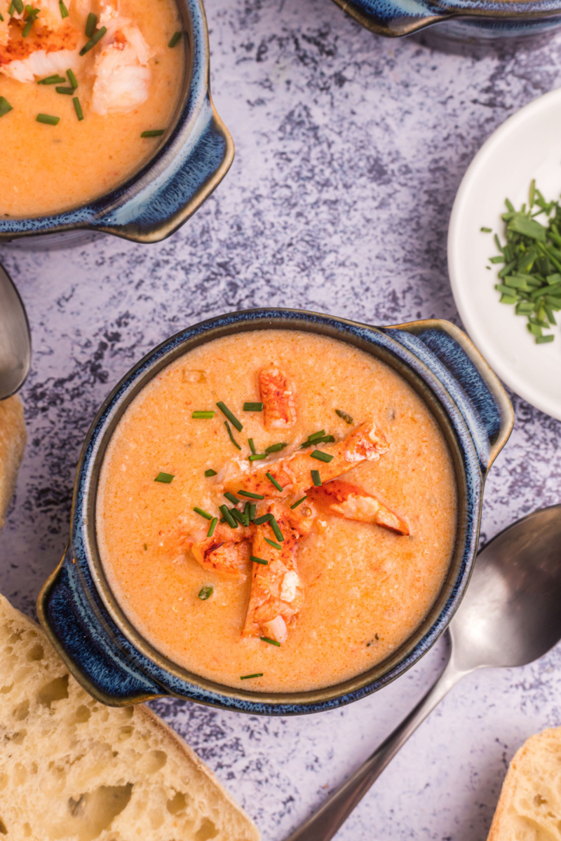 overhead shot of bowl of lobster bisque