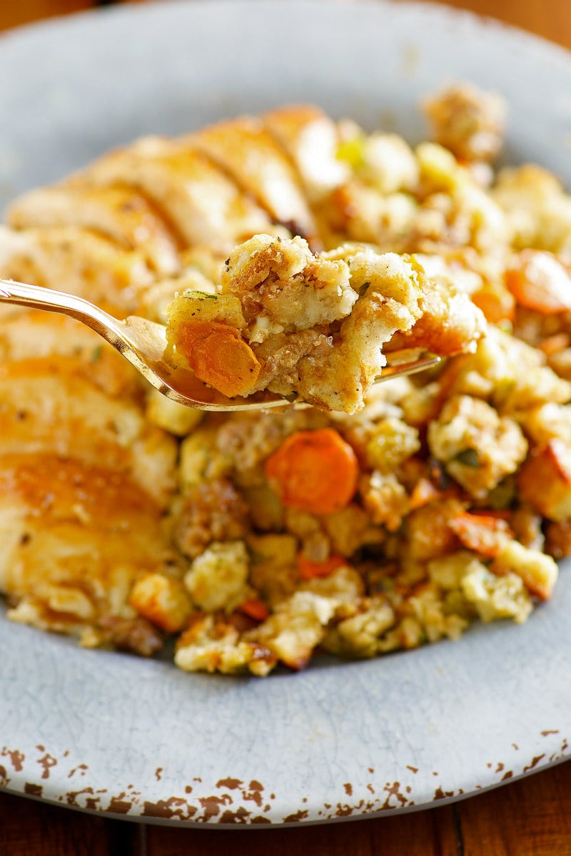 a bite of Low Fat Sausage Stuffing