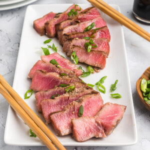 maple soy grilled tuna sliced into pieces