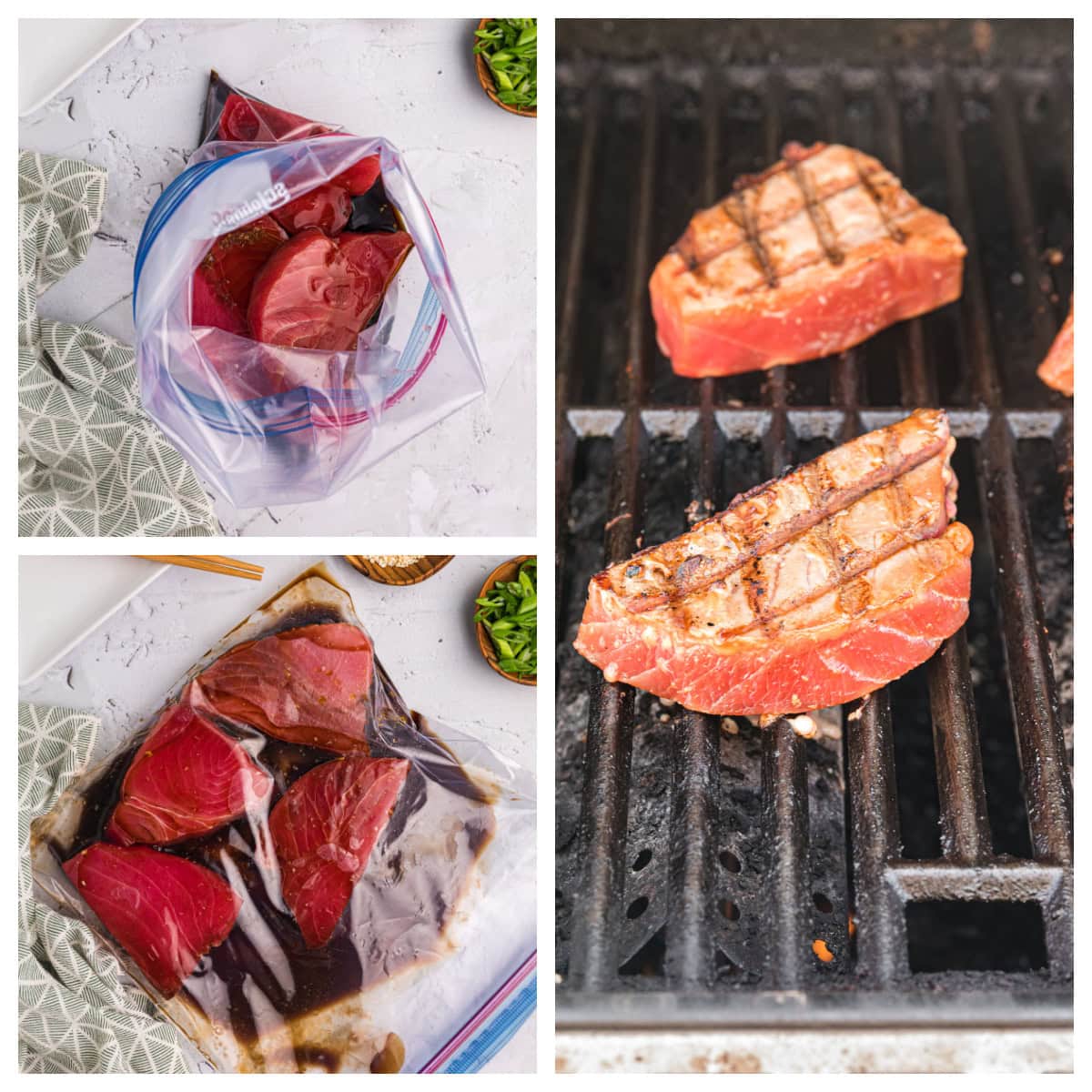 three photos showing how to make maple soy grilled tuna