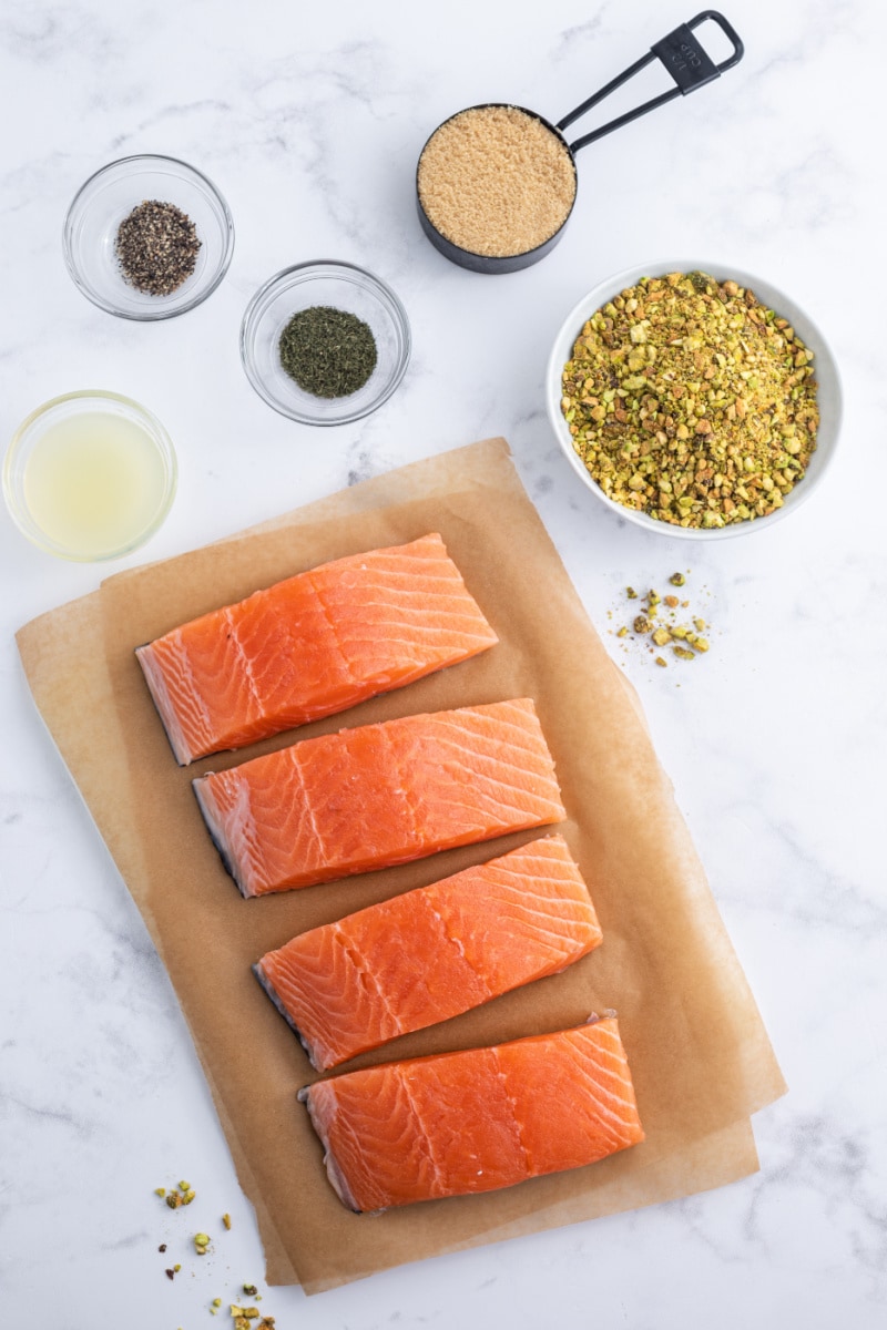 ingredients displayed for making pistachio baked salmon