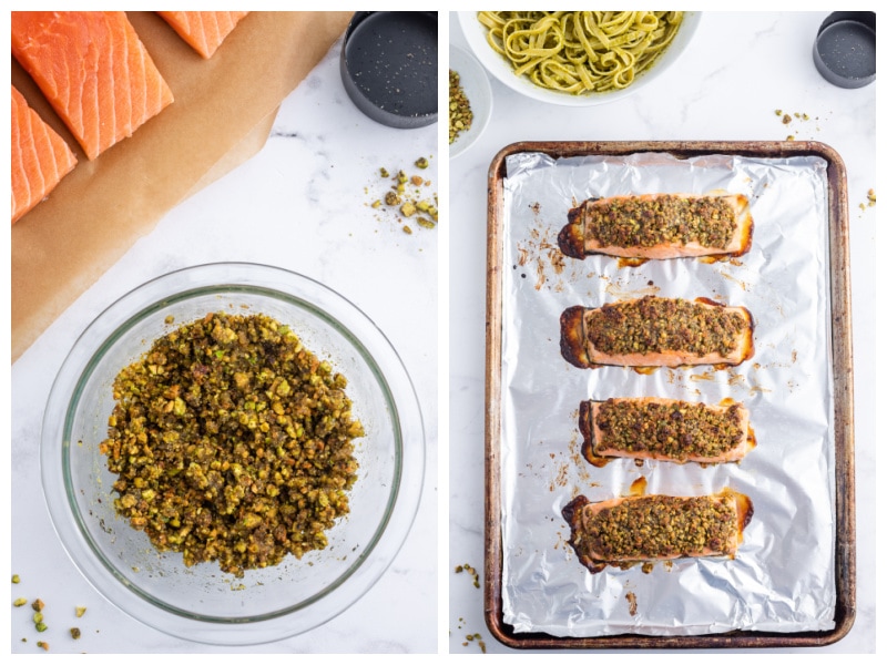 bowl of chopped pistachios and salmon filets topped with the pistachios on baking sheet