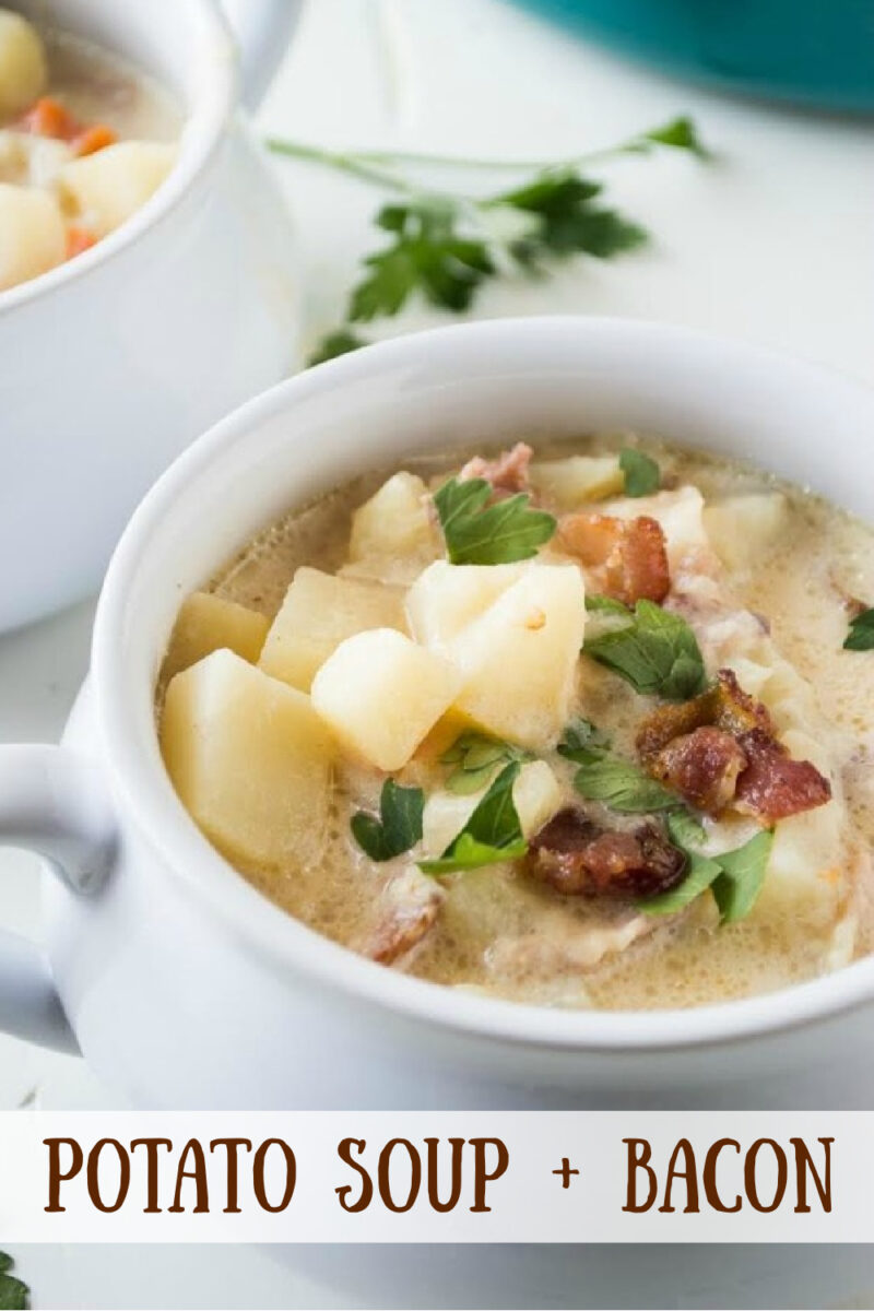 pinterest image for potato soup with bacon in a white bowl