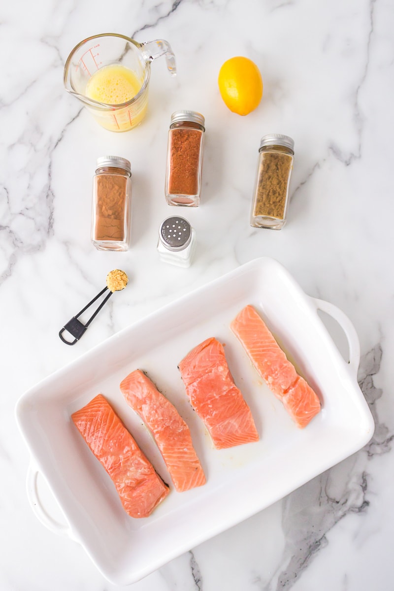 ingredients displayed for making roasted salmon with pineapple marinade