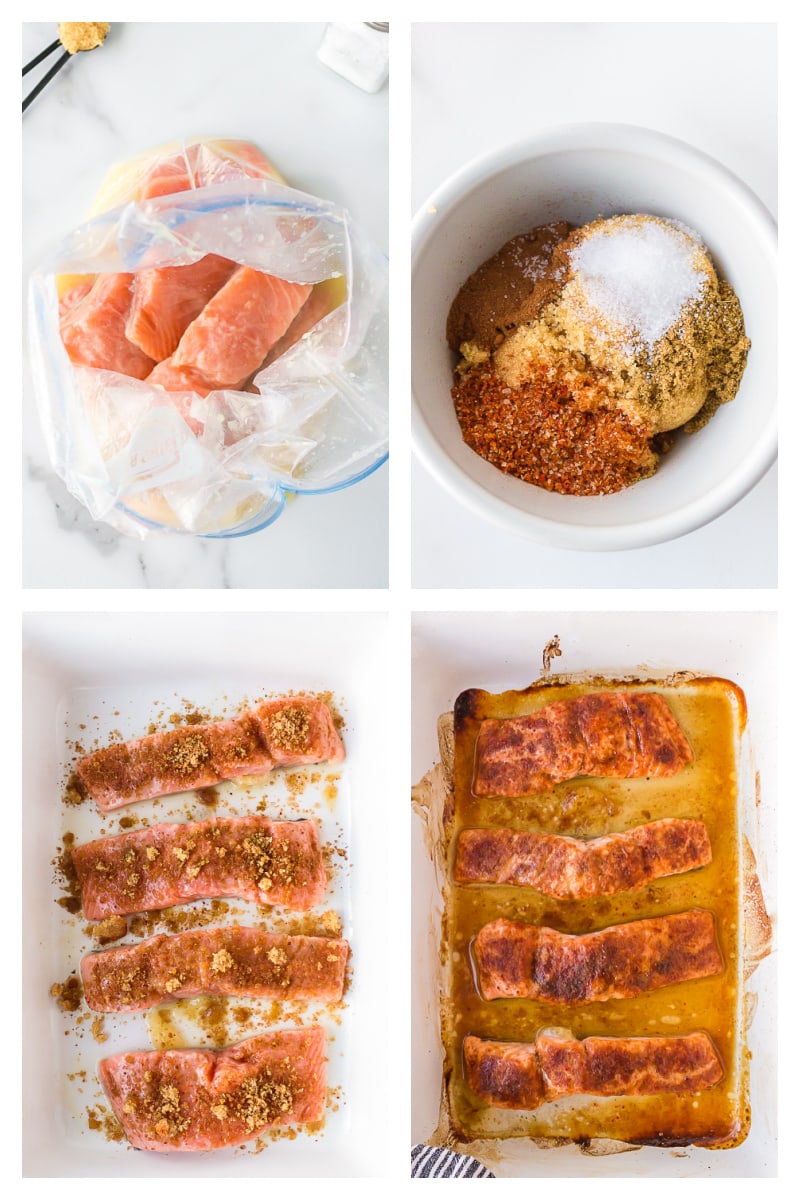 four photos showing how to marinate and bake roasted salmon with pineapple marinade