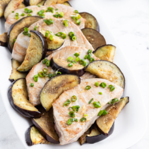 seared asian tuna topped with eggplant