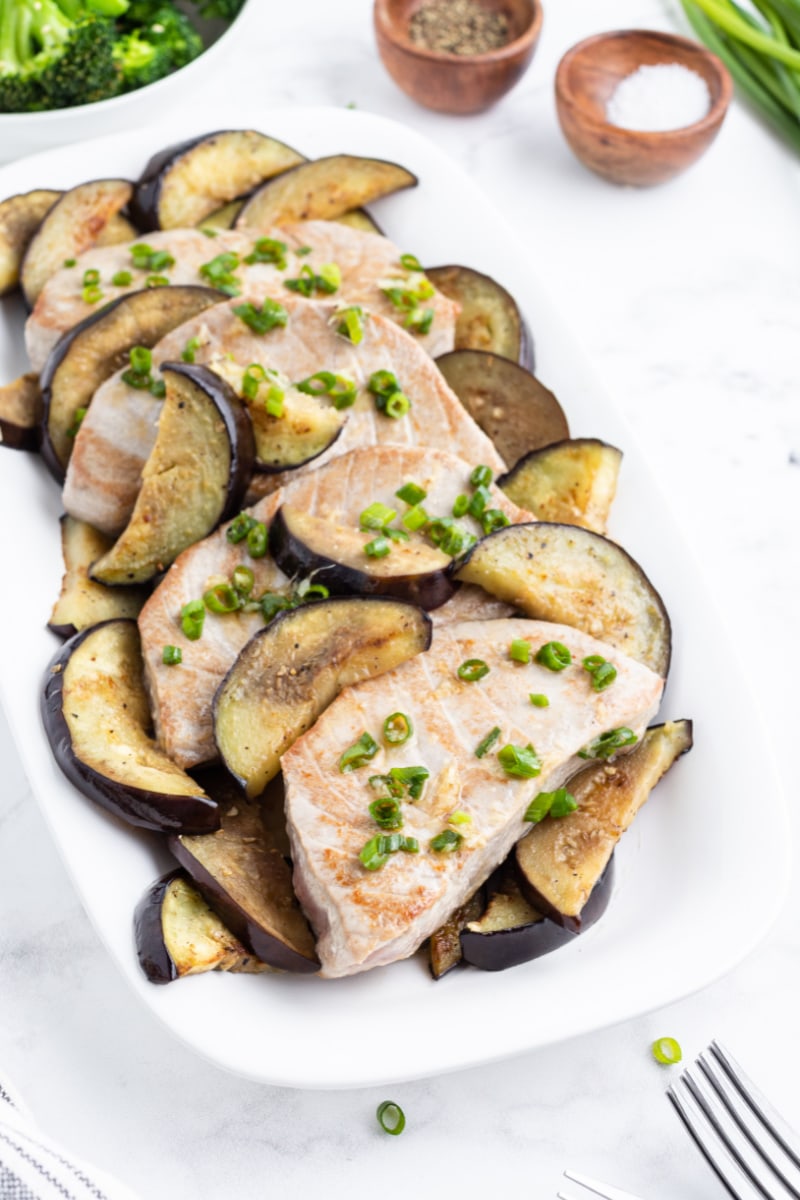 seared asian tuna topped with eggplant