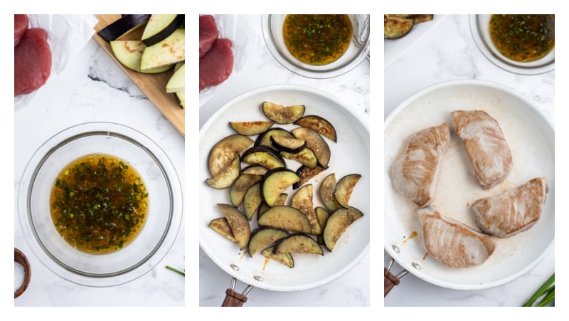 three photos showing how to make marinade for tuna, eggplant topping and seared steaks