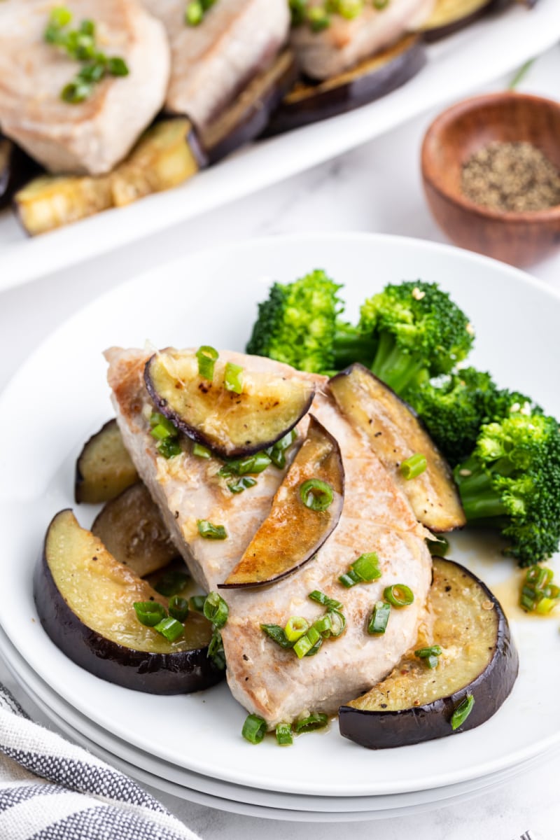 seared asian tuna steaks topped with eggplant