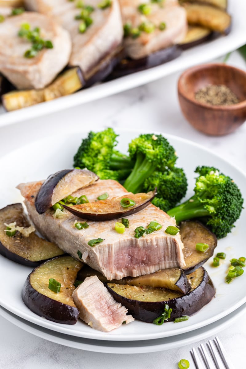 seared asian tuna steak topped with eggplant