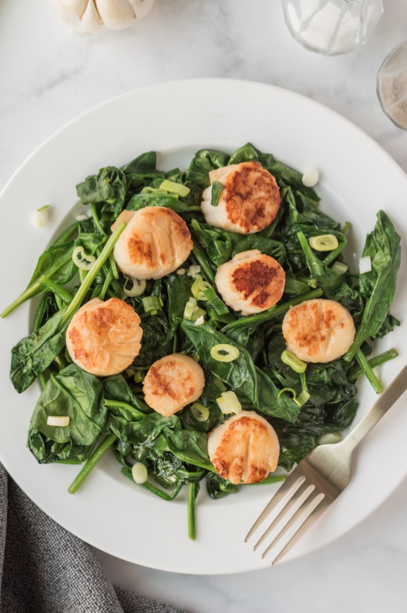 seared jumbo scallops on spinach on plate