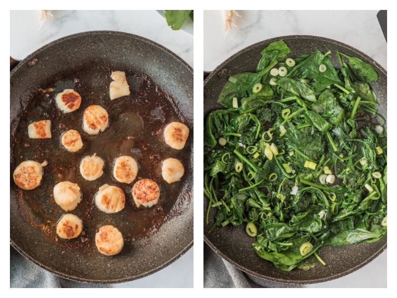 two photos showing seared jumbo scallops and then pan of sauteed spinach