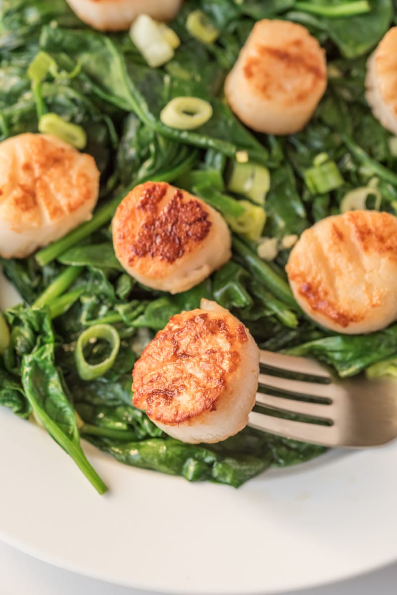 fork full of scallop on top of spinach