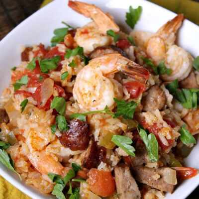 shrimp jambalaya in a white bowl