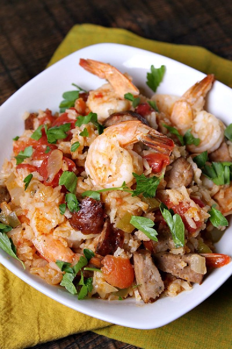 shrimp jambalaya in a white bowl