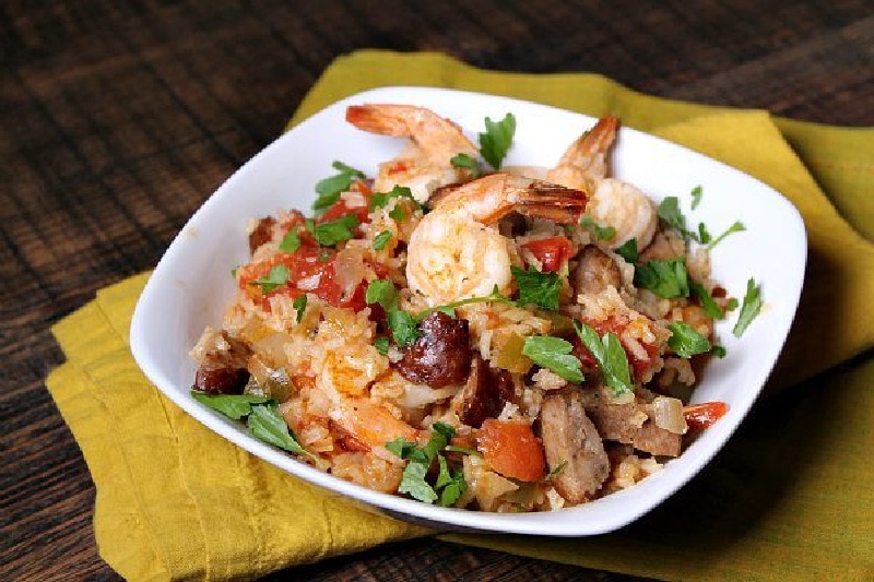 shrimp jambalaya in a white bowl