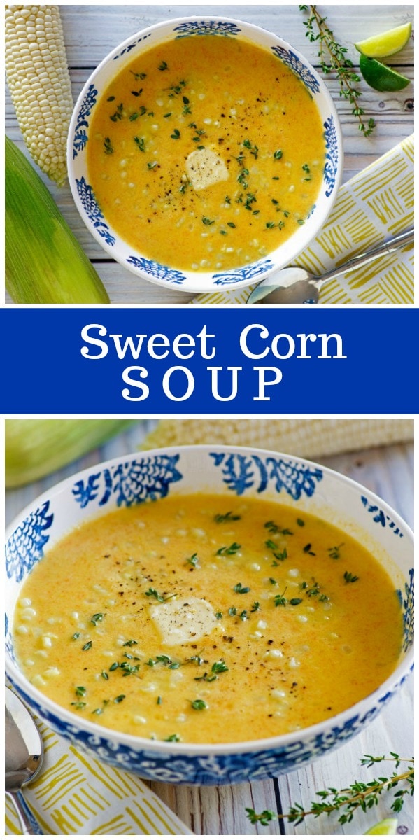 Sweet Corn Soup recipe using up summer fresh sweet corn on the cob! #recipe from RecipeGirl.com #corn #soup #summer #recipegirl