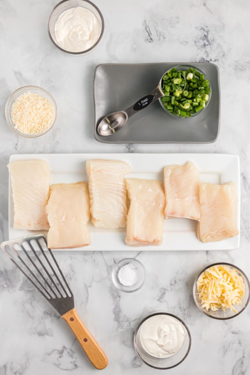 ingredients displayed for making swiss parmesan halibut