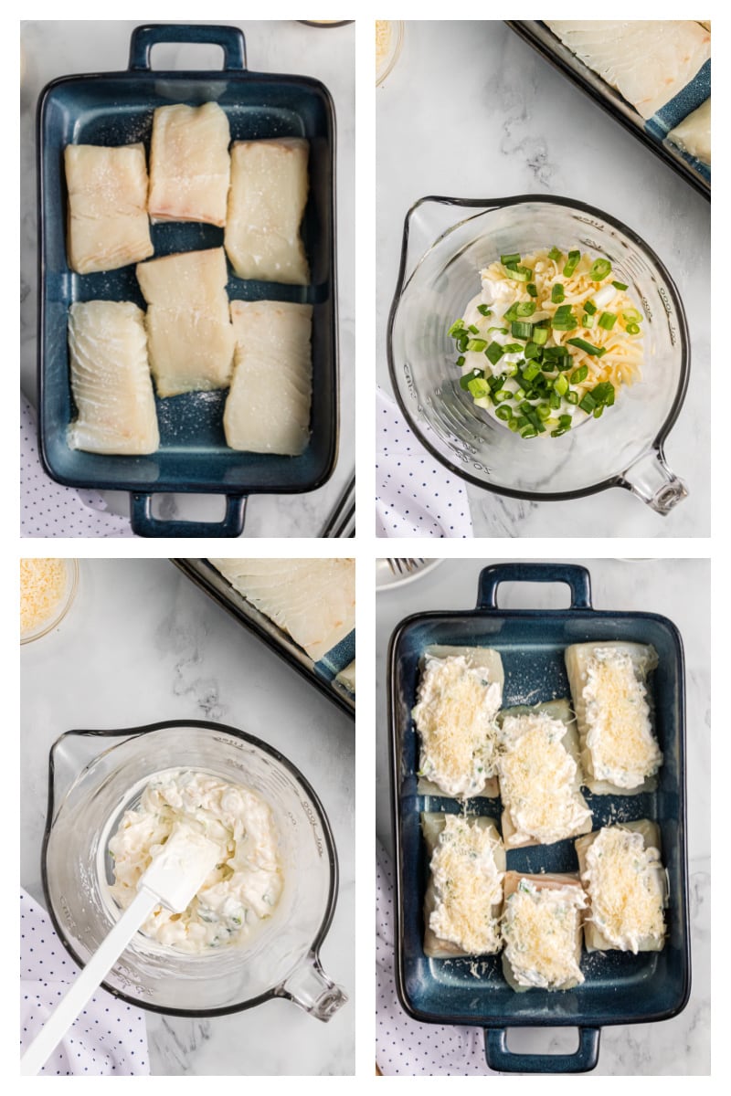 four photos showing process of making swiss parmesan halibut in pan