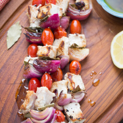 swordfish souvlaki on a board