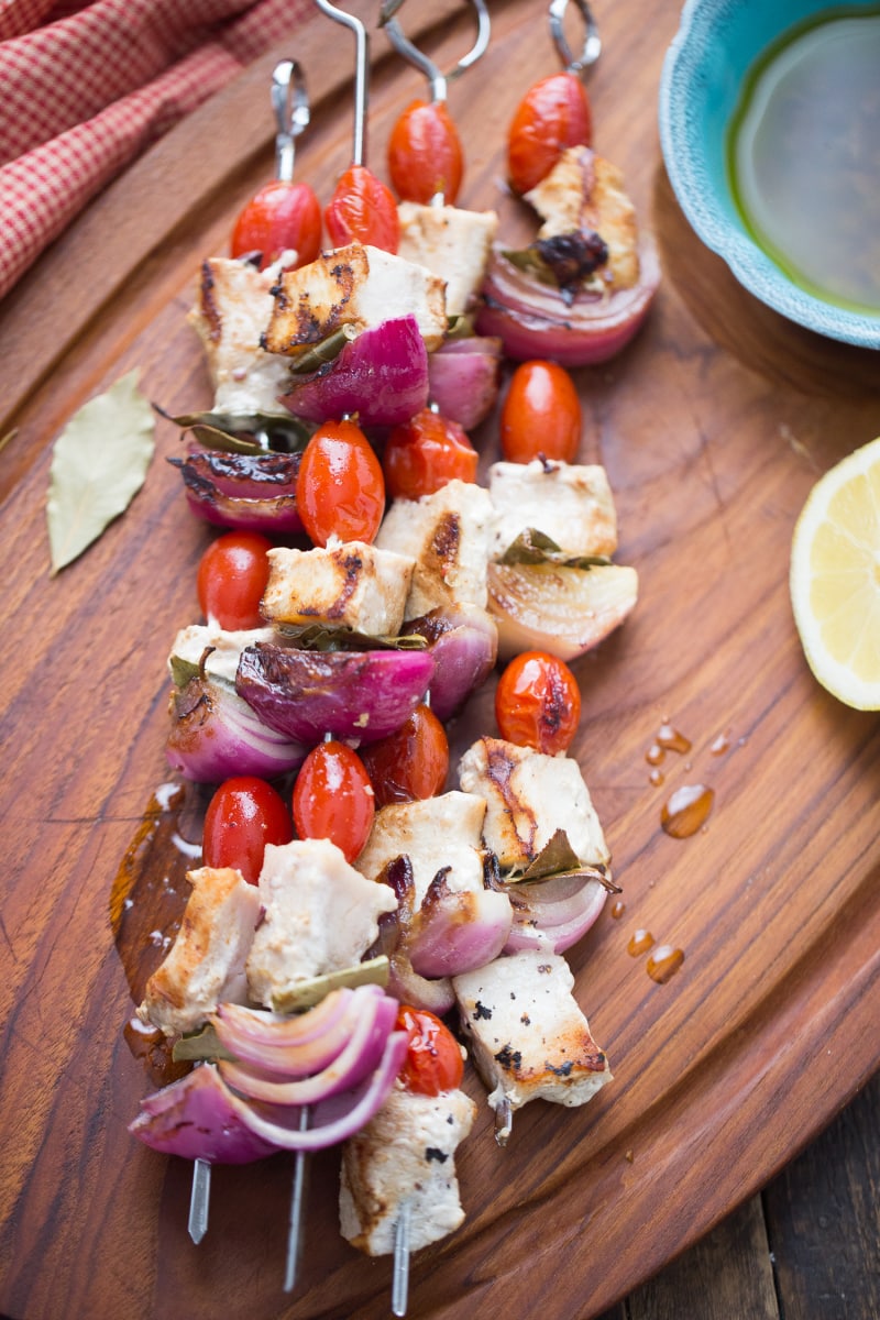 swordfish souvlaki on a board