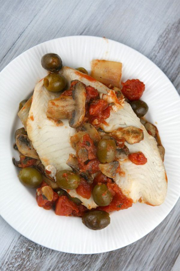 Tilapia with Olive Mushroom and Tomato Sauce