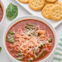 bowl of tomato florentine soup with ritz crackers on side