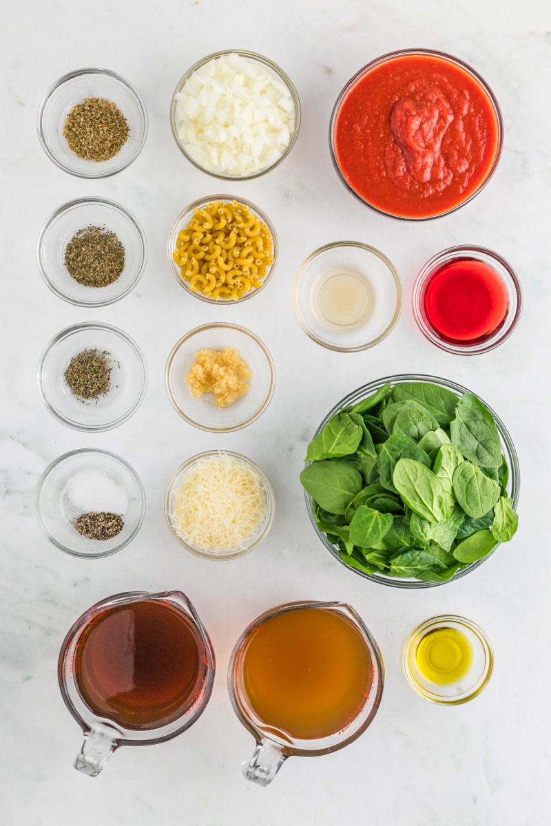 ingredients displayed for making tomato florentine soup