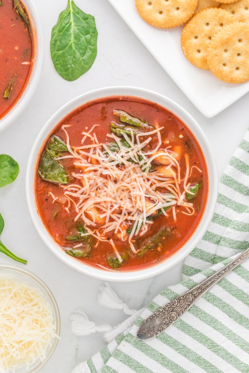 bowl of tomato florentine soup topped with parmesan