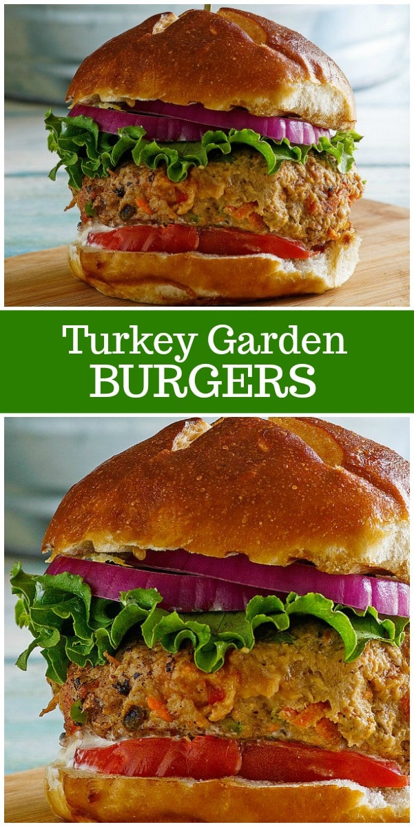Turkey Garden Burgers recipe from RecipeGirl.com pinterest collage image for turkey garden burgers