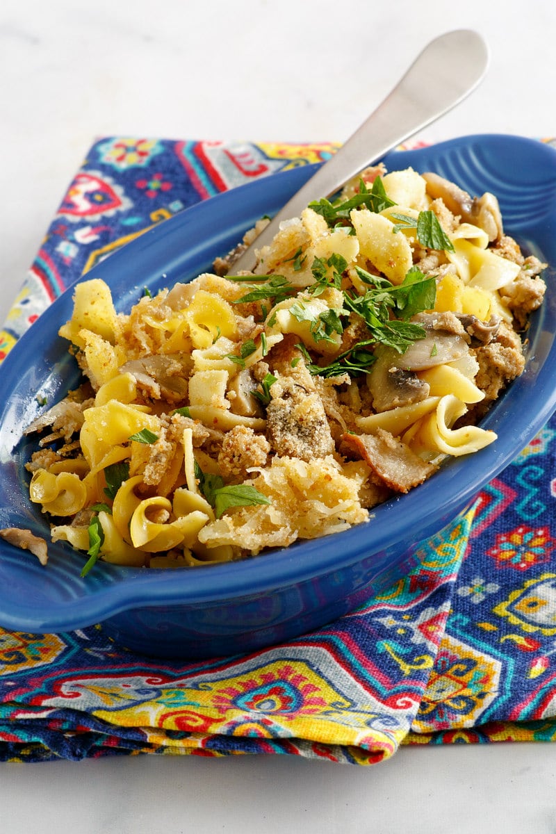 Turkey Noodle Casserole recipe from RecipeGirl.com #turkey #leftover #ground #noodle #noodles #eggnoodles #casserole #casseroles #recipe #RecipeGirl serving of Turkey Noodle Casserole