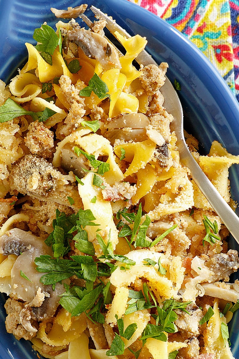 Turkey Noodle Casserole recipe from RecipeGirl.com #turkey #leftover #ground #noodle #noodles #eggnoodles #casserole #casseroles #recipe #RecipeGirl Serving of Turkey Noodle Casserole
