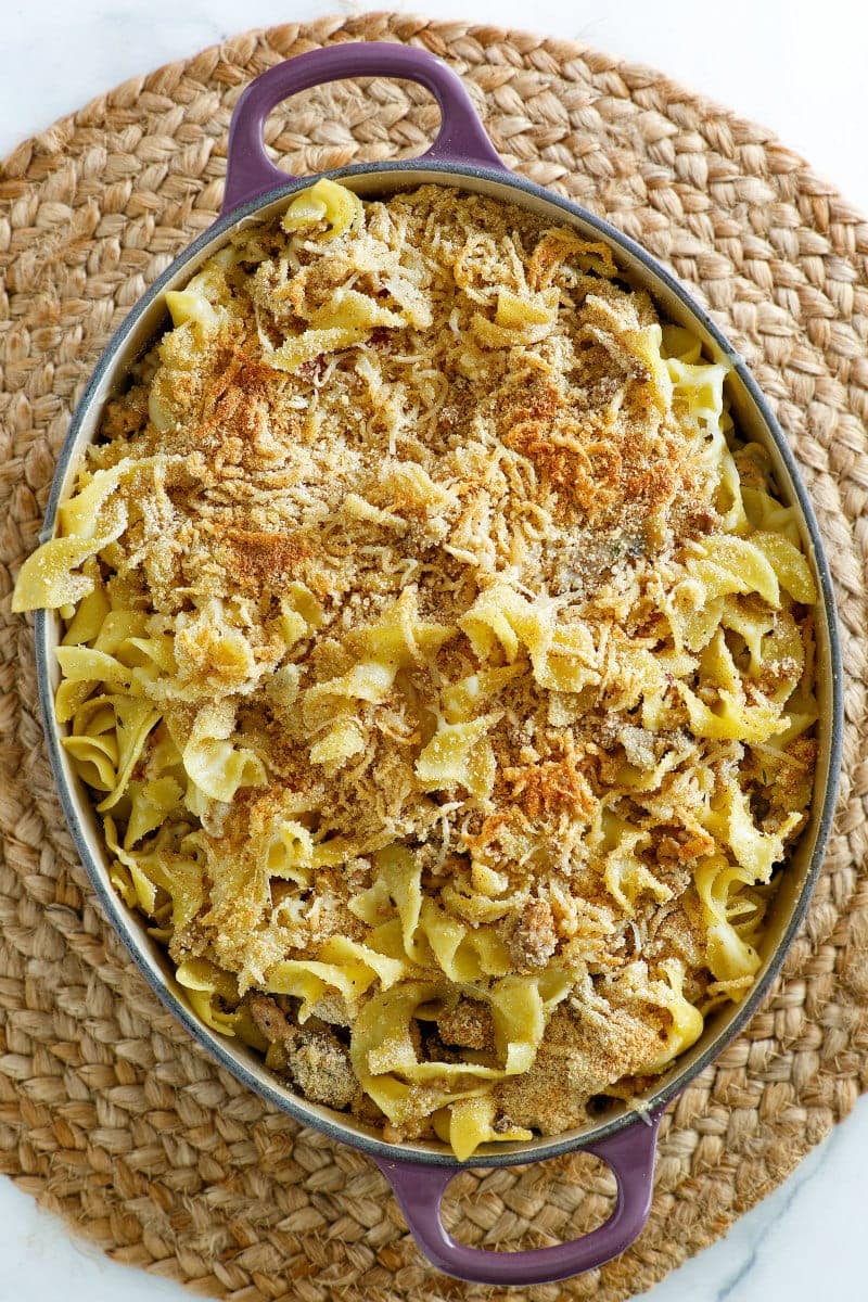 Turkey Noodle Casserole recipe from RecipeGirl.com #turkey #leftover #ground #noodle #noodles #eggnoodles #casserole #casseroles #recipe #RecipeGirl Turkey Noodle Casserole in a casserole dish