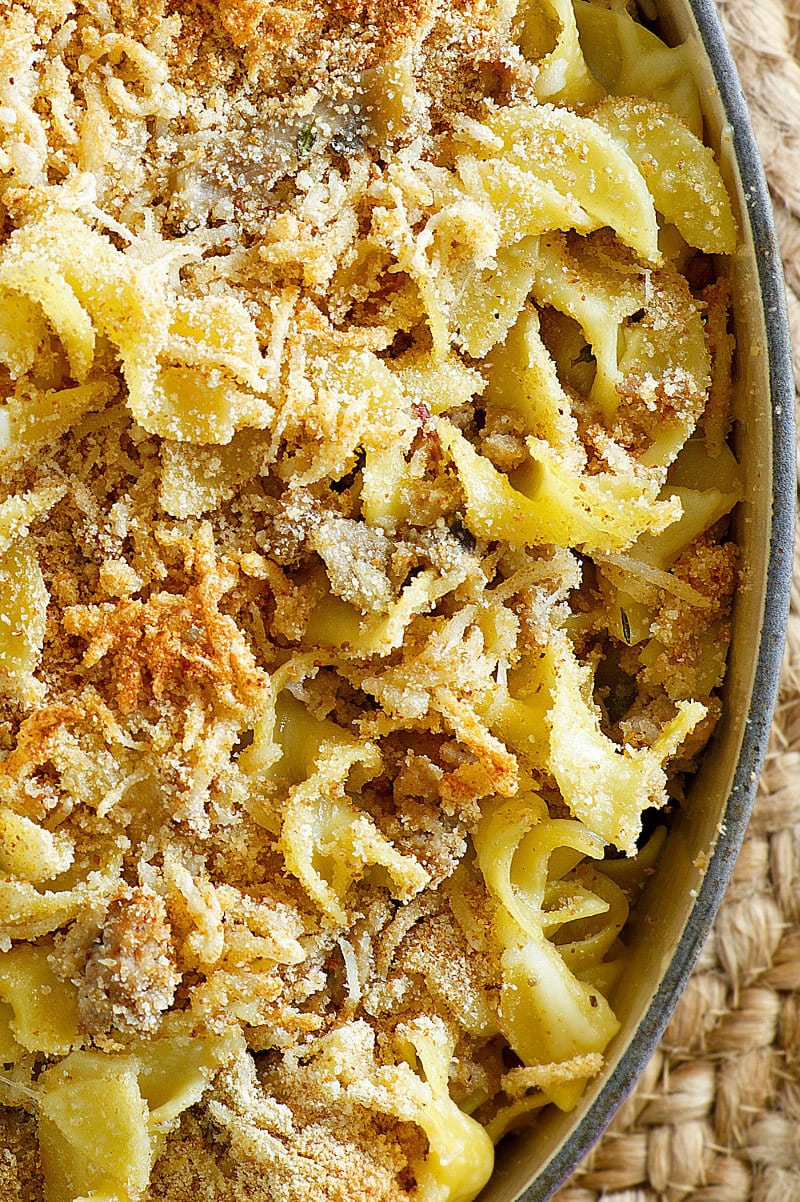 Turkey Noodle Casserole recipe from RecipeGirl.com #turkey #leftover #ground #noodle #noodles #eggnoodles #casserole #casseroles #recipe #RecipeGirl Turkey Noodle Casserole in a casserole dish