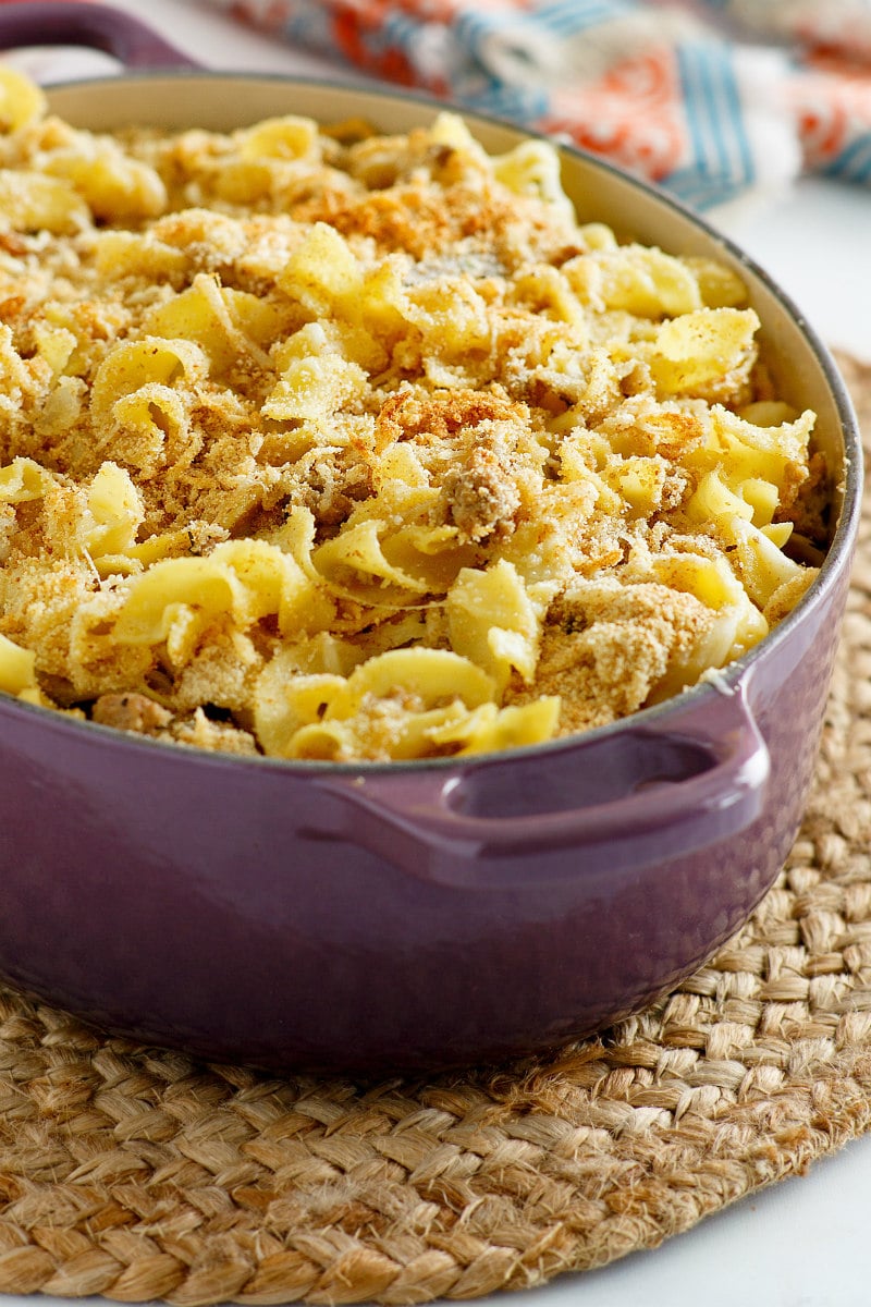 Turkey Noodle Casserole recipe from RecipeGirl.com #turkey #leftover #ground #noodle #noodles #eggnoodles #casserole #casseroles #recipe #RecipeGirl Turkey Noodle Casserole in a casserole dish